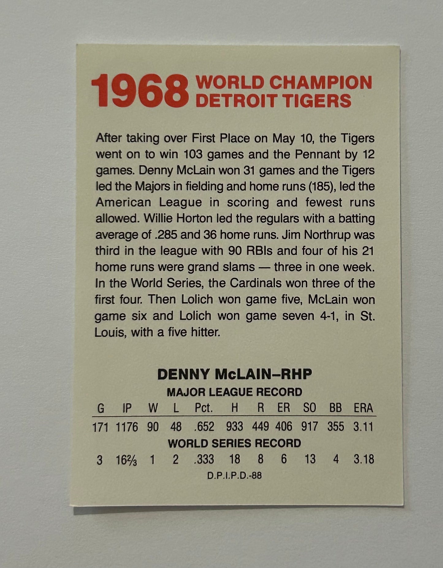 Autographed Domino’s Denny McLain Baseball Card 1988