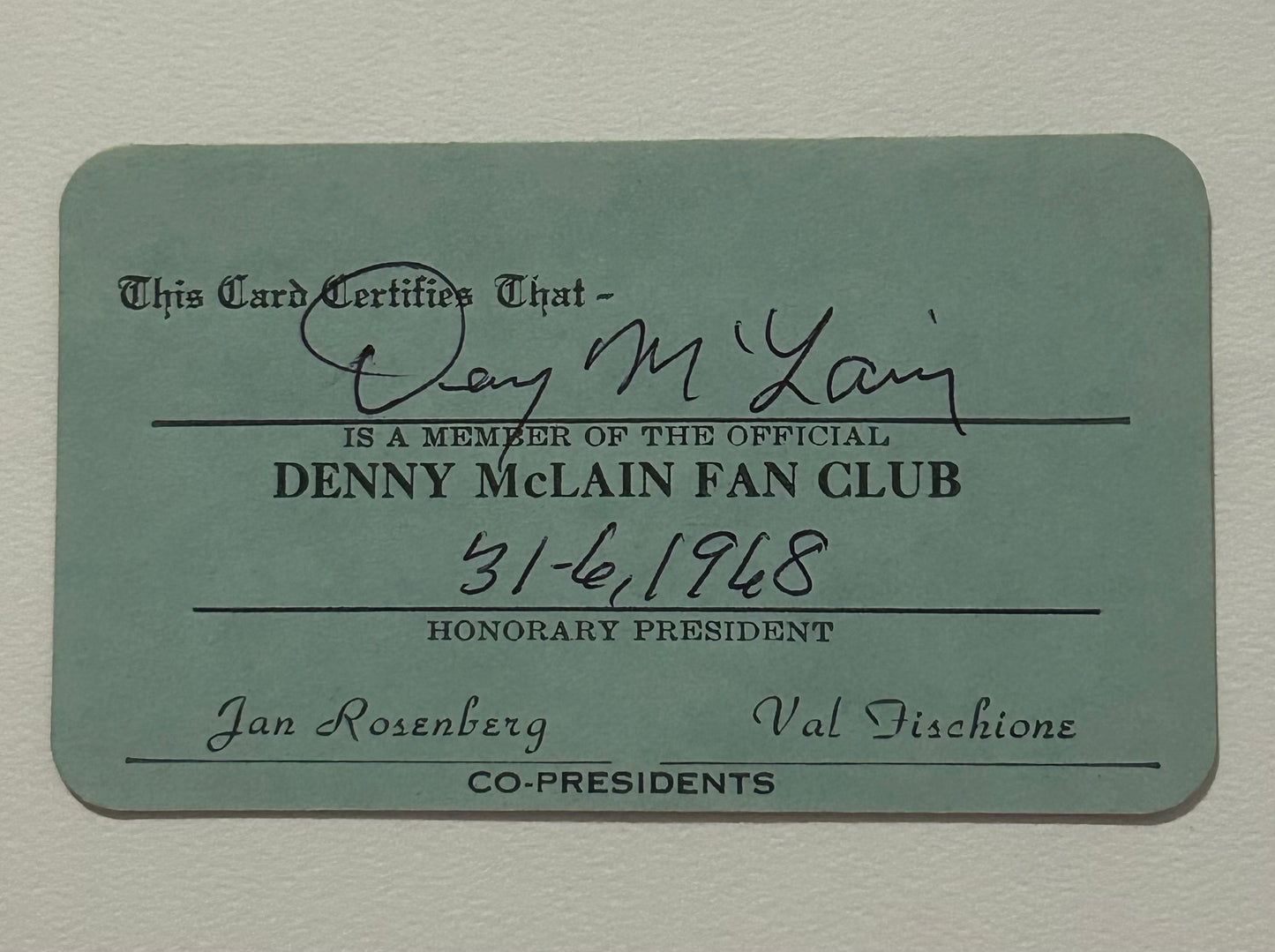 Denny McLain Fan Club Card