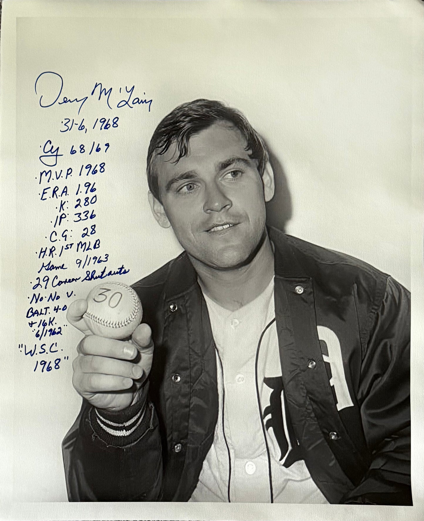 Signed Denny McLain holding 30th win ball Canvas Print 24x19
