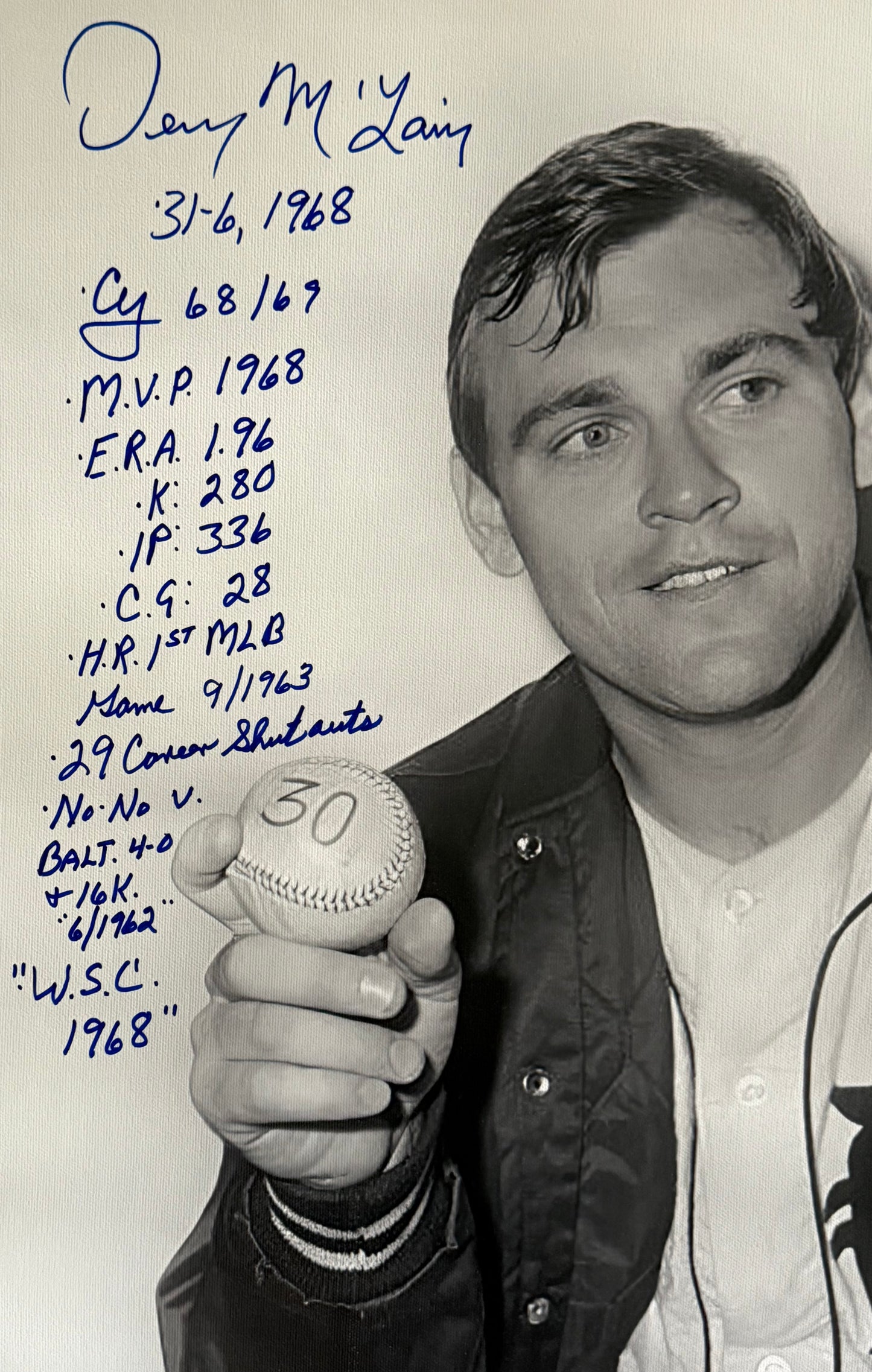 Signed Denny McLain holding 30th win ball Canvas Print 24x19