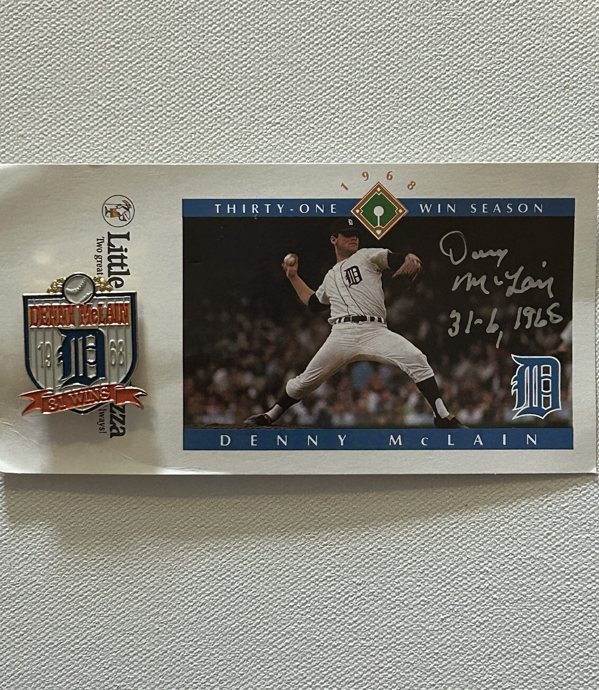 31 Win Pin with Autographed Denny McLain Tiger Stadium Promo Card