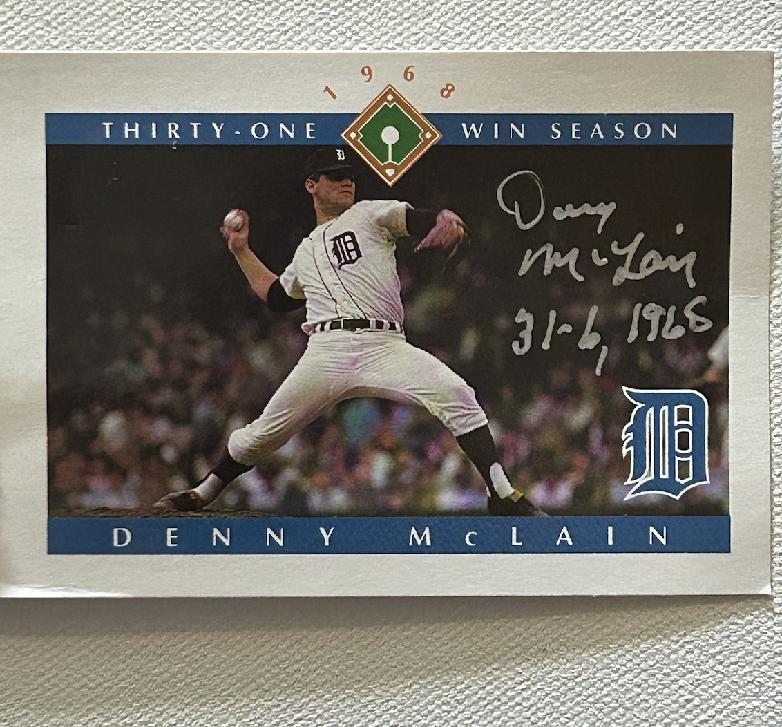 31 Win Pin with Autographed Denny McLain Tiger Stadium Promo Card