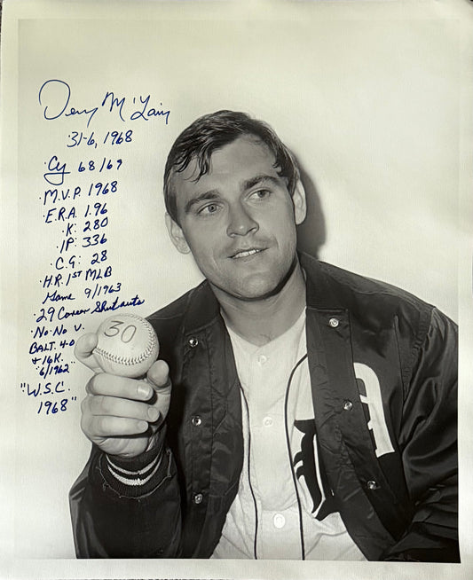 Signed Denny McLain holding 30th win ball Canvas Print 24x19
